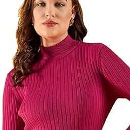 98 Degree North Women Cotton Self Design Turtle Neck Pullover Has A Full Sleeves and Straight Hem-RG1125-F.Pink-79