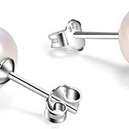 hoc 92.5 sterling silver orignal Freshwater White Pearl Stud Earrings for girls/women-Wear/Pearl Jewelry(8mm)-picture-36