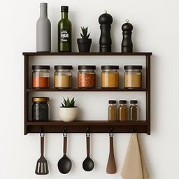 FireBees 2-Tier Wall Mounted Wooden Spice Rack, Kitchen Storage Shelf with Utensil Hooks | Wall Mounted Rack for Spices | Space Saving Shelf for Kitchen Wall | Wooden Wall Shelf for Home Storage-image-23