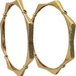 Geometric Gold-Plated Bangles with Ruby Accents, Textured Pattern Design, Set of 2 | Premium Bangles Set for Women-image-92