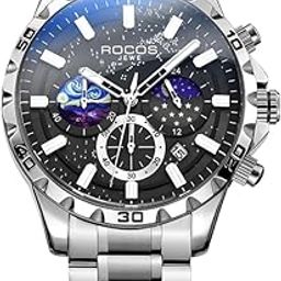 Business Casual Men's Watch Black/Blue Dial Sun, Moon & Stars Luminous Men's Watch Waterproof Quartz Watch Steel Strap Men's Gift R0916-image-44