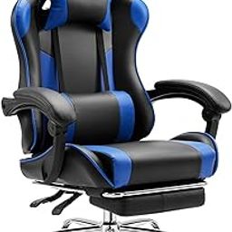 Sweetcrispy Video Game Desk Chair - Ergonomic Computer with Footrest and Comfy Lumbar Support, PU Leather Recliner with Headrest, Fixed Up Armrest, Height Adjustable with 360° Swivel, for Adults, Blue-20