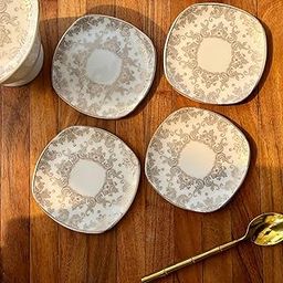 GOLDEN QUEEN'S Coaster Set of 6 | Perfect for use with Tea & Coffee Cups | Serve Small Bites, Tabletop Decor Accessories | Stain Proof and Premium Finish | 3.5 inches Wide - Gold & Platinum Florals-image-3
