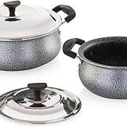 NIRLON Aluminium Non-Stick Coating Black Pearl Handi 2 Pcs Set | 2.5 Liter & 1.5 Liter | Gas Stove & Induction Cooktop Compatible | Scratch Resistant | Stainless Steel Lid | PFOA Free-image-2