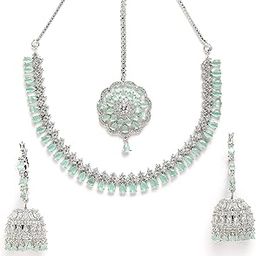 zeneme Jewellery Sparkling American Diamond Collar Necklace with Designer Jhumka/Jhumki Earrings Maang Tikka for Women and Girl-picture-29