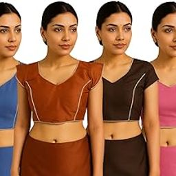 Cotton Blouse Set with Gold Piping, V-Neck, Cap Sleeves, 4 Colours - Pink, Blue, Brown, Black Pack of 4 Blouse-image-95