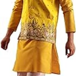Men's Cotton Blend Mustard Kurta & White Pyjama With Daman Embroidered Nehru Jacket-image-48