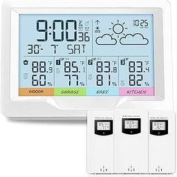 Weather Stations Indoor Outdoor Thermometer Wireless Temperature Humidity Monitor with Digital Atomic Clock, Weather Station with Multiple Sensors, White-image-89