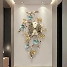 KH International - Metal Floral Design, 3D Blue and Gold Ginkgo Leaves, Modern Art Wall Decor Clock for Home Decoration Items for Living Room, Stylish and Functional Silent Wall Clock (Style 3)-image-60
