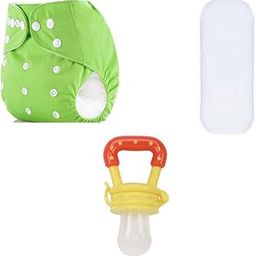 Comfibumss™ Reusable Cloth Diaper with Insert + Baby Fruit & Vegetable Feeder | Washable 250+ Times | Waterproof | Adjustable Snap Buttons | Newborn to Toddler | Comfibumss Combo Set (Green)-image-45