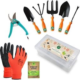 TrustBasket Gardening Tools Box - 9 Pcs Gardening Tool Kit (Cultivator, Fork, Transplanter, Trowel, Weeder, Garden Gloves, Pruner Cutter, Free Seeds Packet) | Gardening Tools Set for Home Garden-70