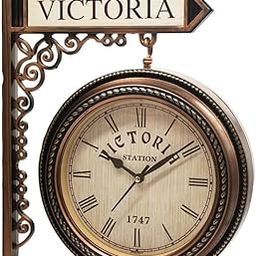 THE GREEK DECOR Golden Plastic Wooden Pattern Replica Dual Side Victoria Station Wall Clock Hanging Style Platform Railway Clock Home Decor (Copper) (Length 33 cm, Width 10 cm)-image-62