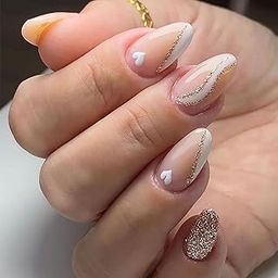 Gloss & Go 24 Reusable Artificial Fake Nail Set| Peach White Heart Design With Golden Glitter Nails| Lightweight & Long Lasting| Easy To Use| Quick Fix For Festivals & Special Occasions-0
