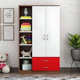 Viz Craft Engineered Wood Wardrobe Closet for Bedroom/Kids Room || Engineered Wood Wardrobe with Multiple Storage Space || Free Standing || (Finish Color - White & Red - DIY)-image-86