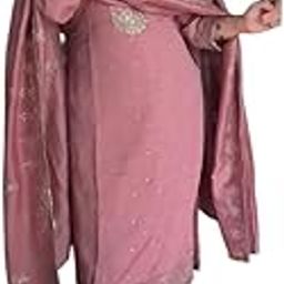 Women's Chinnon Silk Embroidery Sequence Work Straight Kurti with Pant & Dupatta Set-image-83