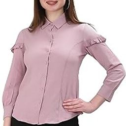 Women's Ruffle Detail Button-Down Shirt, Long Sleeve, Dusty Pink, Collared Top | Women's Short Sleeve Button-Down Shirt | Plain Casual Crop Top | Stylish Collared Shirt for Women - S-image-11