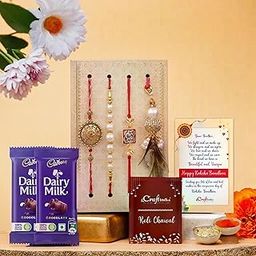eCraftIndia Set Of 4 Floral, Pearls, Diamonds, Lumba Designer Rakhis For Brothers, Bhabhi With 2 Cadbury Dairy Milk Chocolate, Rakhi & Chocolate Gift - Roli Chawal Pack, Raksha Bandhan Card, 300 Gms-image-34