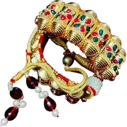 Traditional Indian Armlet, puchi bracelet Gold-Plated with Red and Green Stones, Pearl Beaded Danglers-image-71