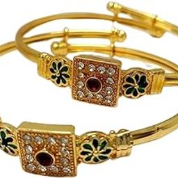 Gold-Plated Bangles with Green Enamel Flowers, Crystal Stones and Ruby Centre, Set of 2-image-63