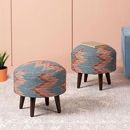 nestroots Set of 2 Wooden Ottoman Stools for Living Room | Printed Pouffes for Sitting, Foot Rest with 4 Wooden Legs | 14 Inch Height, Blue | Stylish & Comfortable Furniture for Home Décor-image-9
