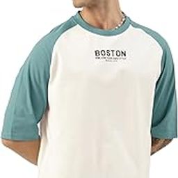 Mens Printed Round Neck Raglan Half Sleeve White and Turkey Blue Cotton Oversized Tshirt-image-49