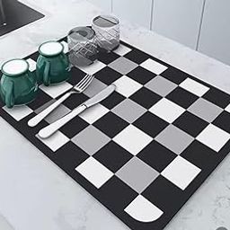 HomeCloud Dish Drying Mat for Kitchen Counter Hide Stain Super Absorbent, Non-Slip, Heat-Resistant, Great for Dishes,Rack Pad, Kitchen Counter, Coffee Maker, Coffee Item (Chess Black Grey, 50x40cm)-29