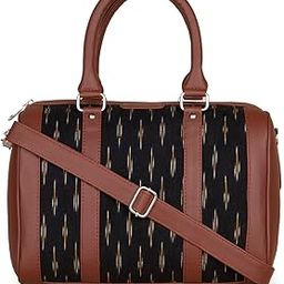 Black Ikkat and Vegan Leather Handmade Women's Handbags with double handles and detachable Sling Strap - GreRe-1