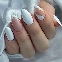Set Of 14Pc, Press-On, Short Almond Glossy Nude Base And White French with Gold Glitter, Nail Extensions With Free Glue Kit-image-75