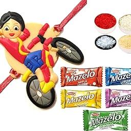 Cartoon Rakhi for Kids Shiva Cycle, 5 Parle Mazelo Fruit Candy Sweet, Tikka Pack for Bhai Bhaiya Brother Gift-image-70