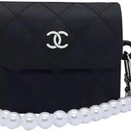 for Airpods Pro (2019) Women's Girls' Charging Pouch Case with Soft Silicone Protective Cover and Elegant Lattice Bag Design with Pearl Chain (Black)-image-72