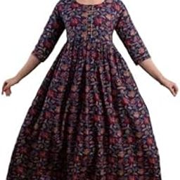 Cotton Floral Print Maternity Gown Dress, Navy Blue with Red Flowers, Half Sleeves-image-24