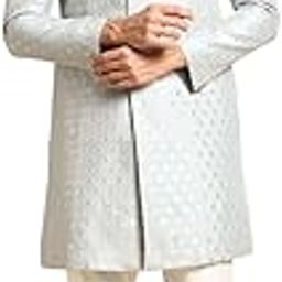Men's Indo-Western Sherwani Churidar Set, Grey Jacquard Woven Design Regular Fit Mandarin Collar Full Sleeves-image-31