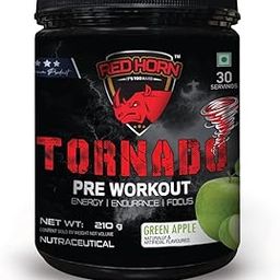 Red Horn Tornado Pre Workout Supplement Powder | 30 Servings, Green Apple (210g) | Beta Alanine, Taurine, Citrulline & Organic Caffeine for Energy, Focus, Performance, Strength & Stamina-image-98