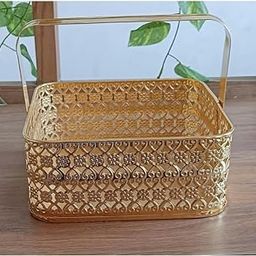 Everhand Creations Flower Basket 25cm x9cm | Material: Metal | Golden Colour | Square Shape | Handle present | Storage basket | Hamper,Decorative basket | Golden Metal basket-image-27