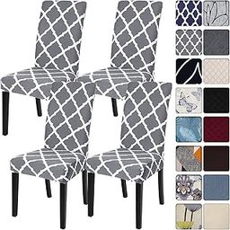 SearchI Dining Room Chair Covers Slipcovers Set of 4, Spandex Fabric Fit Stretch Removable Washable Short Parsons Kitchen Chair Covers Protector for Dining Room, Hotel (Gray+White, 4 per Set)-image-30