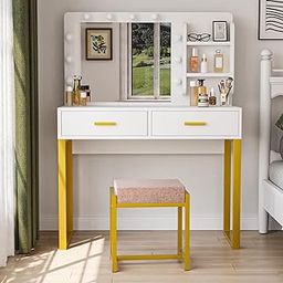 Semiocthome Makeup Vanity Desk with Mirror and Lights, Vanity Table with Shelves, 2 Drawers and Metal Frame, 3 Lighting Modes & Adjustable Brightness Dressing Table with Chair for Bedroom - White-image-63