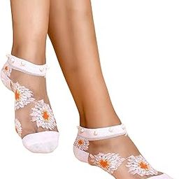 Multicolour Transparent Ankle Length Cotton Net Flower Pearl Socks For Women and Girls, Ankle Socks for Women, Net Socks for Women Stylish-image-80