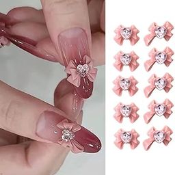 S.A.V.I 3D Pink Bow Nail Art Charms, Heart Rhinestone Resin, Pack of 10 – Big Bow Nail Accessories, 2 Designs, DIY Manicure Decorations for Girls & Women-10