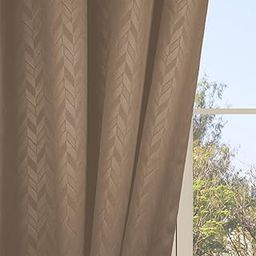 LINENWALAS 100% True Blackout Curtains 7 Feet Long - Set of 2 Panels, Herringbone Embossed Design Complete Light Block Thermal Insulated & Noise Reducing Room Darkening Curtains (Light Brown)-image-2