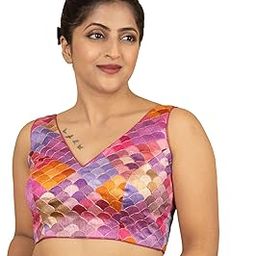 Women's Silk Embroidered V Neck Scallop Printed Zari Lace Designer Sleeveless Readymade Saree Blouse Padded Stitched Lining Plus Size Top Pink Yellow Silver Multicolor P2-9