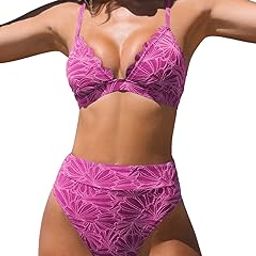 Bikini Set for Women Bathing Suit High Waisted Scalloped V Neck Two Pieces Swimsuit, Red, X-Small-image-80