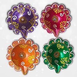 MVH ECOM Decorative Clay Diyas, Traditional Oil Lamps for Diwali Puja, Multicolour, Set of 4-image-11