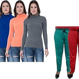 indiweaves Women Winter Wear Combo Pack- Full Sleeves High Neck/Skivvy and Fleece Warm Lower/Track Pants Pack of 5-picture-3