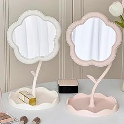 draval Desktop Makeup Mirror in Flower Shape | Pink Adjustable Mirror with Tray | Cute Decor for Girls, Women, Kids-image-95