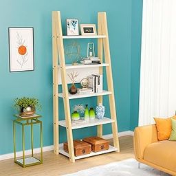 Kuber Industries 5 Layer Ladder Book Shelf Wooden Rack for Home Decor and Bedroom | Modern Showcase Stand for Decorative Items | Display Unit for Living Room with Storage Space | White & Brown-36