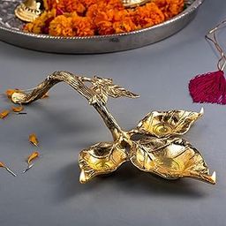 GIBOX Aarti Dia Leaf Design Traditional 3 in One Gold Plated Metal Urli For Puja Ritual With Handle Floral Branch As Handle Shape Home Decoration Handcrafted Home Decor Diwali Decorative Item With Box-image-53