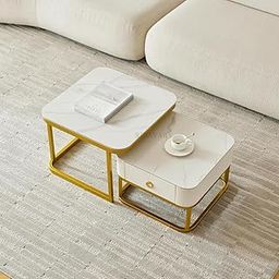 RIBAVARY® Marble Laminated Look Square Coffee Tables Set, 2 Piece Stackable Center Table with Storage Drawer and Metal Frame for Living Room or Apartments (Golden-White, Square Shaped)-picture-30
