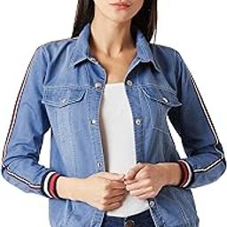 Women's Light Blue Polo Neck Full Sleeve Solid Buttoned Rib and Twill Tape Detailing Bomber Denim Jacket-image-16