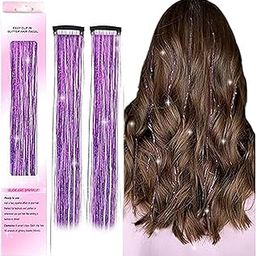 D-DIVINE 2pc Hair Tinsel Clip In Heat Resistant 24 Inch Tinsel Sparkly Hair Accessories for Women Cosplay Halloween Very Cute for Kids Girls (2pc/Purple Color)-image-97
