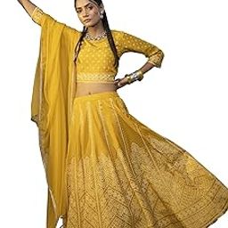 Women's Mustard Santoon Slub Festive Printed Crop Lehenga Choli Dupatta Set-image-61